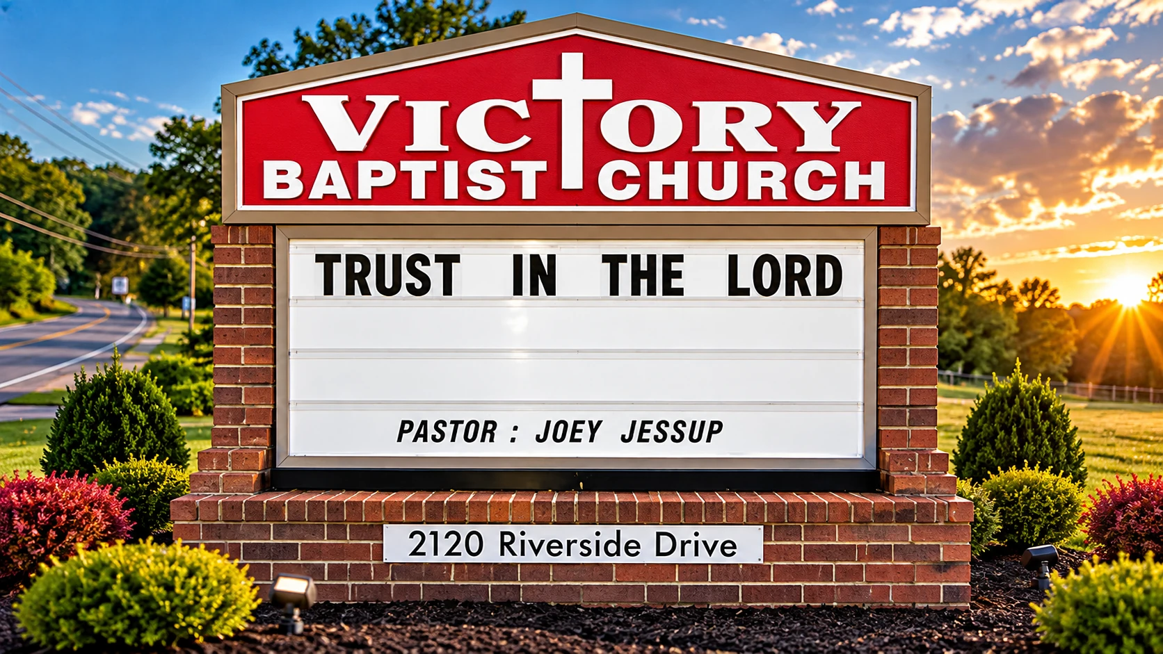 Victory Baptist Church roadside sign with the words Trust in the Lord, Pastor Joey Jessup, and 2120 Riverside Drive